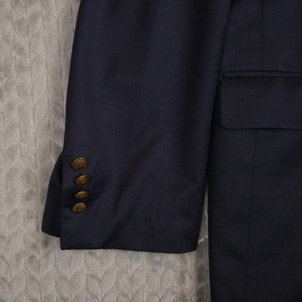 Paul Fredrick Blazer Men 53L Navy Blue Gold Crest Button Wool Sport Coat Classic